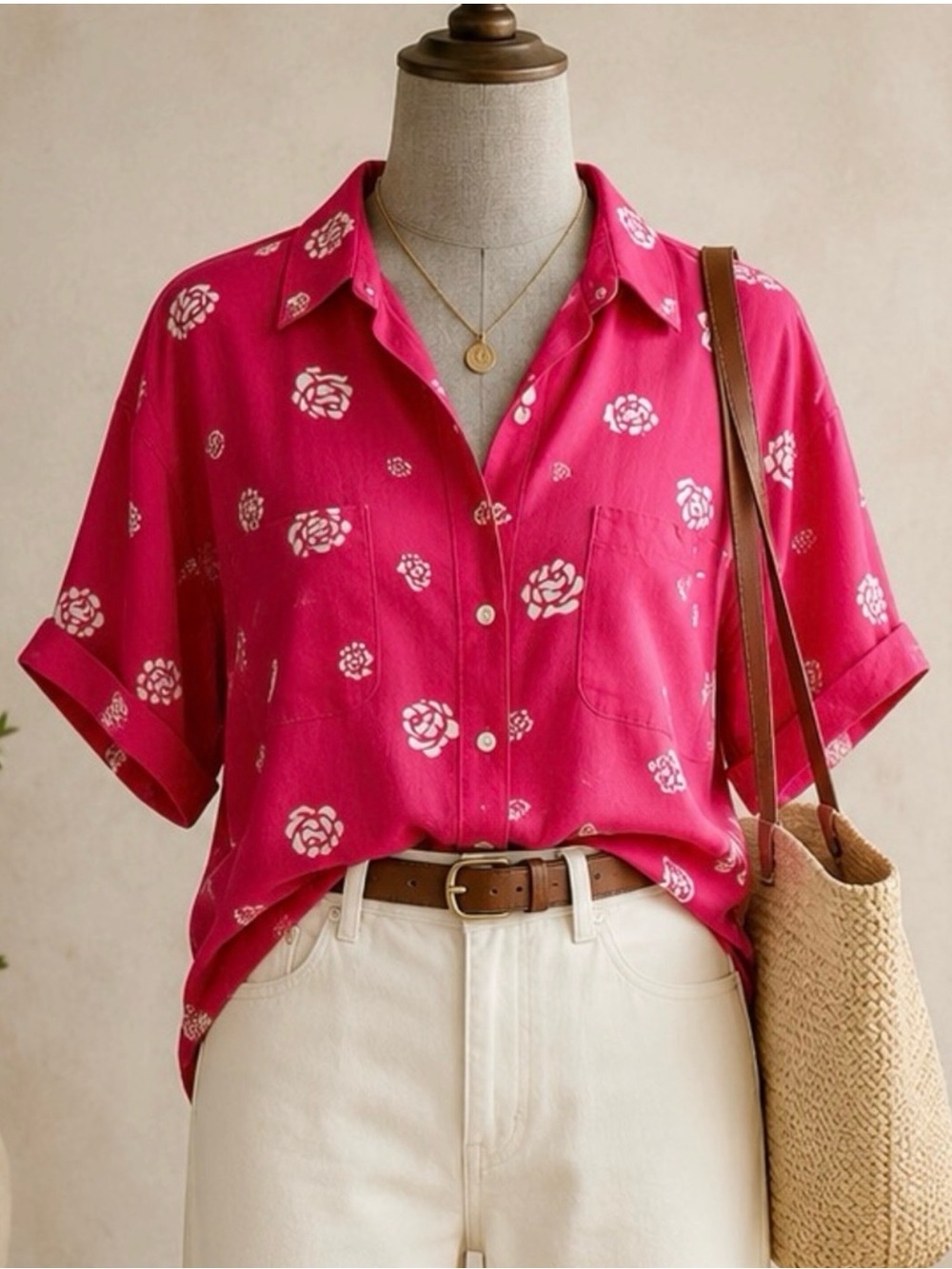 Vintage 100% Rayon Floral Dockers Button-Down 2X Barbiecore Dopamine Dressing